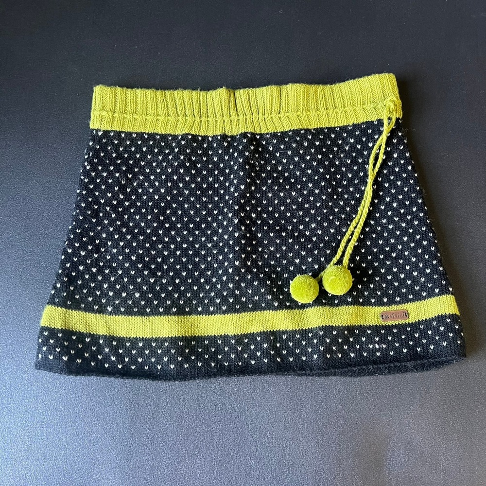 Moshiki Wool Knit Mini Skirt M Black Lime Pom Pom Lined Eclectic Cozy Kidcore